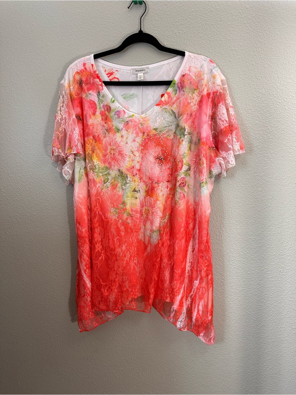 Dress Barn Coral Floral Lace V-Neck Tunic Top 3X